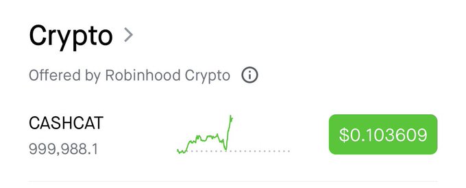 A Robinhood Crypto app interface showing a token named 'CASHCAT' with a supply of 999,988.1 and a price of $0.103609, accompanied by a small price chart.