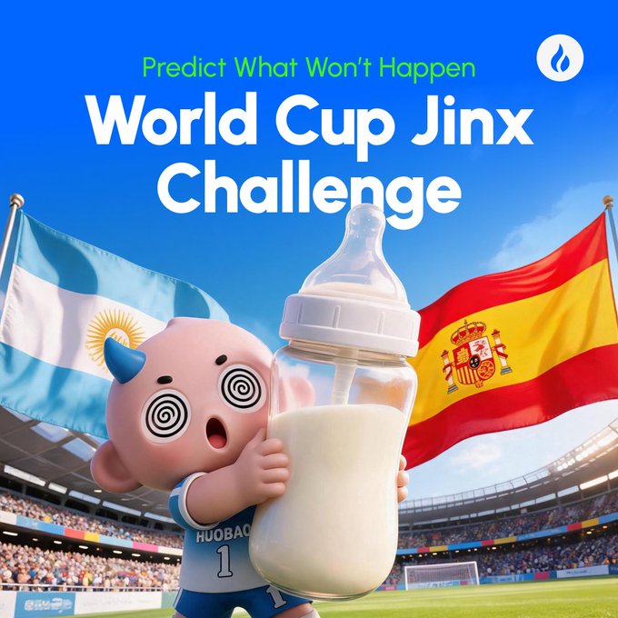 A 3D cartoon baby with dizzy spiral eyes clutches a milk bottle in front of Argentina and Spain flags at a stadium, with text reading "Predict What Won't Happen World Cup Jinx Challenge," tying into the post's challenge for users to comment what won't happen in the World Cup finals to win 6,666,666 $HTX each.