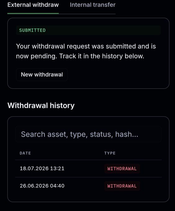 A dark-themed crypto withdrawal page confirms a submitted USDT withdrawal request pending in the history, with two prior withdrawals logged on 18.07.2026 13:21 and 26.06.2026 04:40, illustrating the user successfully moving their staked funds out to spend.