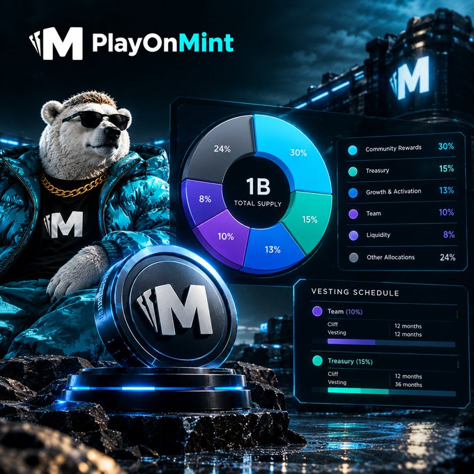 A promotional graphic for 'PlayOnMint' featuring a bear in sunglasses, a '1B TOTAL SUPPLY' pie chart breakdown, and a 'VESTING SCHEDULE' legend.