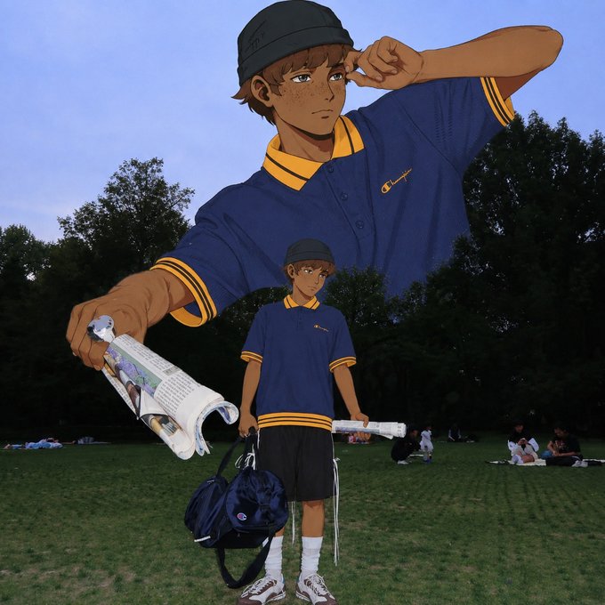 A digitally edited image shows an anime-style character in a navy and yellow Champion polo shirt and bucket hat photoshopped onto a park scene at dusk, holding a rolled-up newspaper and a Champion duffel bag, with a giant duplicate of the same figure looming behind. The scene visually reflects the post's theme of self-reflection and questioning one's digital footprint, with the oversized copy mirroring how our online presence often overshadows or distorts our real-world identity.