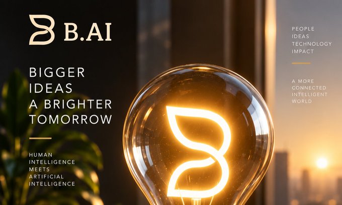 A promotional graphic for 'B.AI' featuring a glowing lightbulb with a butterfly logo, displaying text 'BIGGER IDEAS A BRIGHTER TOMORROW', 'HUMAN INTELLIGENCE MEETS ARTIFICIAL INTELLIGENCE', and 'PEOPLE IDEAS TECHNOLOGY IMPACT - A MORE CONNECTED INTELLIGENT WORLD' against a sunset cityscape.