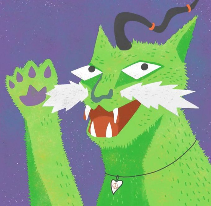 Stylized digital illustration of a green cat-like creature with sharp teeth, white whiskers, a wavy black antenna, and a heart pendant necklace against a purple starry background.