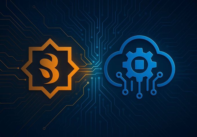 The image features an orange eight-pointed star emblem containing the number "8" alongside a blue cloud-and-gear icon on a circuit-patterned background, visually representing Sidra Chain's operational and technical infrastructure as referenced in the announcement.