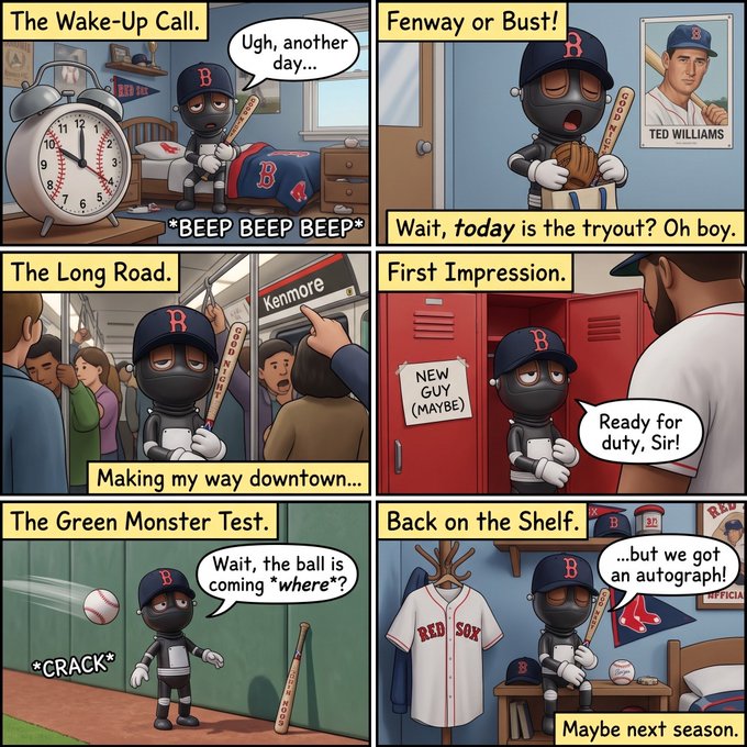 A six-panel comic strip titled 'Fenway or Bust!' following a dark-skinned baseball player wearing a mask and a 'B' cap, who faces rejection at a tryout labeled 'NEW GUY (MAYBE)' and ends up back at home with an autographed poster of 'TED WILLiams'.