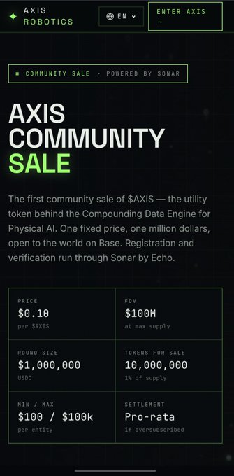 An advertisement for the Axis Community Sale by Axis Robotics, offering $AXIS tokens at $0.10 per token with a $1,000,000 round size and 10,000,000 tokens for sale (1% of supply).