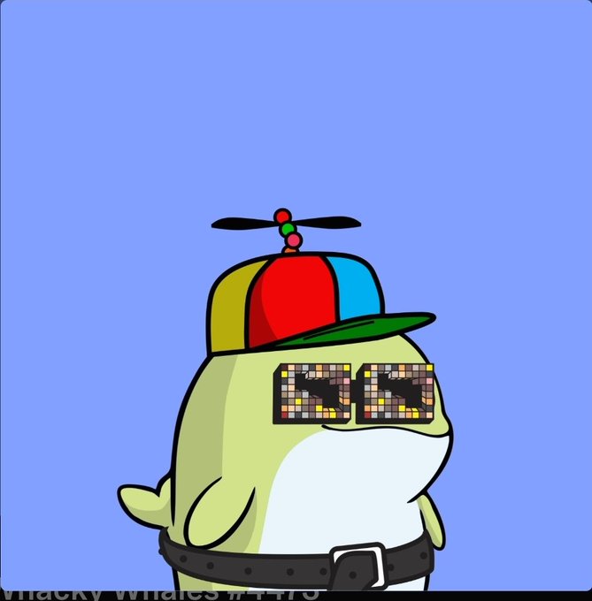 A cartoon illustration of a green whale character ('Wacky Whales #4479') wearing pixelated sunglasses, a propeller beanie hat, and a black belt against a blue background.