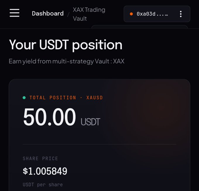 Screenshot of a cryptocurrency dashboard showing 'Your USDT position' in the XAX Trading Vault with a total position of 50.00 USDT at a share price of $1.005849.