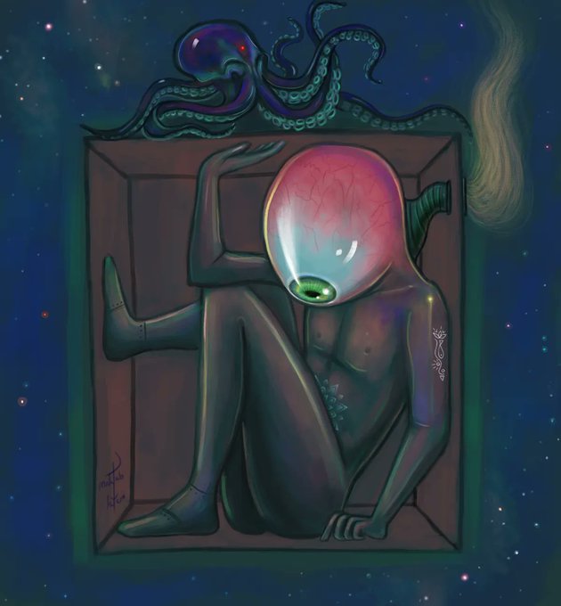 The image features a man with an eye, painted as a human head, sitting inside a box that has a green octopus face on top of it. The man's hand is raised above his head, and there are stars visible in the background. The caption reads "Read the story Bid now transient.xyz/nfts/ethereum/ ...".