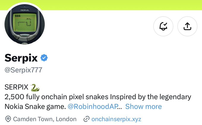 A Twitter/X profile for 'Serpix' (@Serpix777) from Camden Town, London, featuring a profile picture of a Nokia phone displaying the Snake game, with a bio promoting '2,500 fully onchain pixel snakes Inspired by the legendary Nokia Snake game.'