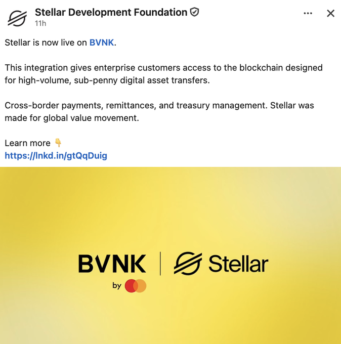 A tweet from Stellar Development Foundation announcing that 'Stellar is now live on BVNK,' providing enterprise customers access to blockchain for high-volume digital asset transfers and cross-border payments, with logos for both companies on a yellow background.