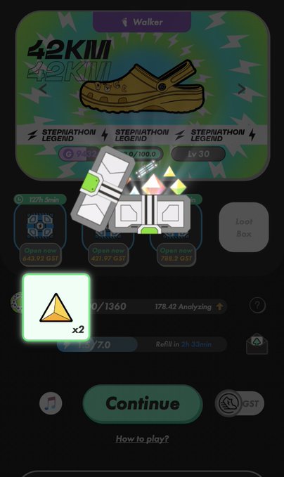 A mobile game reward screen showing a '42KM Walker' sneaker NFT at Lv 30, with a Stepnathon Legend badge and three loot boxes that can be opened for GST tokens.