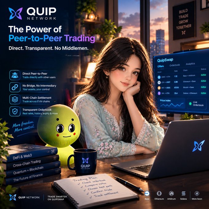 A promotional graphic for 'QUIP NETWORK' advertises 'The Power of Peer-to-Peer Trading' with the tagline 'Direct. Transparent. No Middlemen,' showing an anime-style woman at a desk with a QuipSwap laptop, a trading plan checklist, and listings for Base, Ethereum, Arbitrum, and Solana networks.