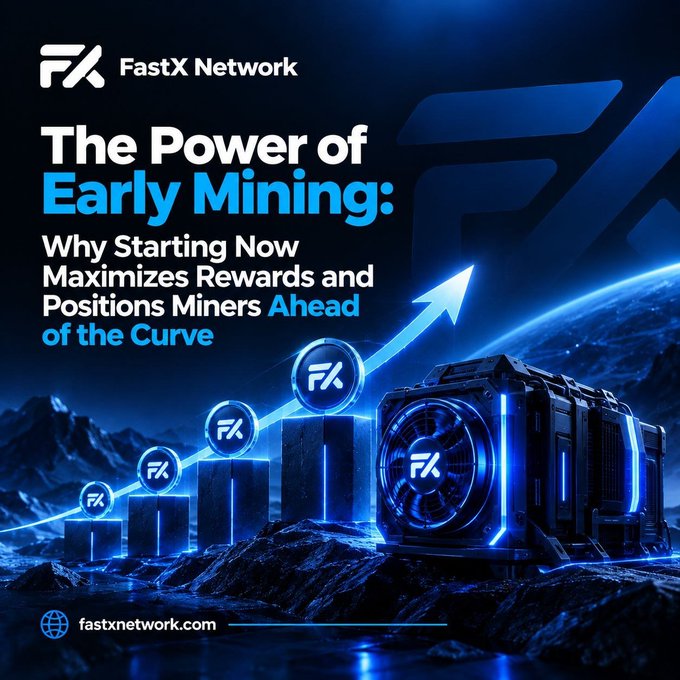 A promotional image for 'FastX Network' titled 'The Power of Early Mining: Why Starting Now Maximizes Rewards and Positions Miners Ahead of the Curve', featuring glowing blue mining rigs and FX coin icons in a futuristic dark blue setting, with website fastxnetwork.com.