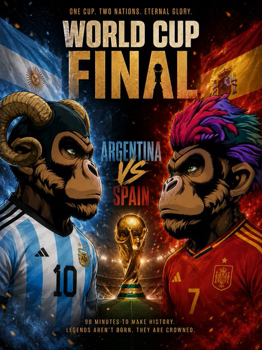 A 'World Cup Final' promotional poster featuring animated apes representing Argentina and Spain with the World Cup trophy, tagged 'One Cup. Two Nations. Eternal Glory.'