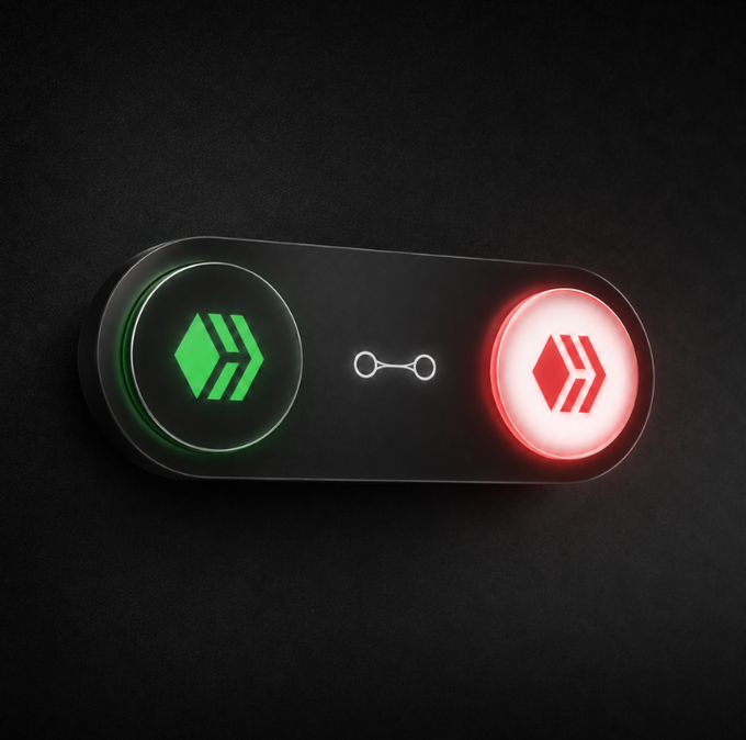 A 3D rendering of a dark, pill-shaped button containing a green right-pointing chevron icon, a chain link symbol, and a glowing red left-pointing chevron icon, set against a black background.