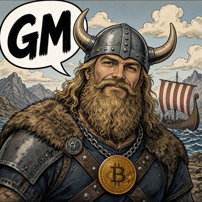 A comic-style illustration of a Viking warrior with horned helmet and long beard wearing a Bitcoin medallion, saying 'GM' in a speech bubble, with a Viking ship visible in the background.
