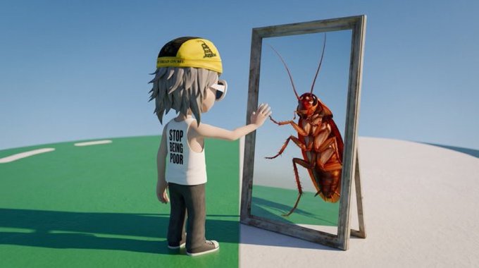 A 3D rendered character wearing a yellow hard hat and a white shirt reading 'STOP BEING POOR' stands before a mirror, which reflects an image of a giant cockroach instead of their reflection.