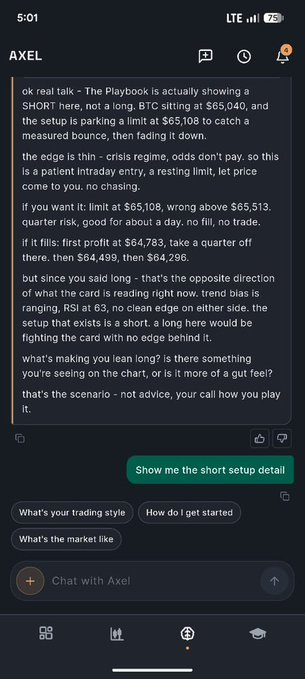 A screenshot of a chat with the trading assistant "AXEL" analyzing Bitcoin's short setup, showing BTC at $65,040 with a limit entry around $65,108 and a stop-loss near $65,513, alongside the user's message "Show me the short setup detail." The image illustrates the post's narrative of someone consulting AXEL after opening a BTC long position against a KOL's bearish call, seeking a second opinion as they second-guess their trade.