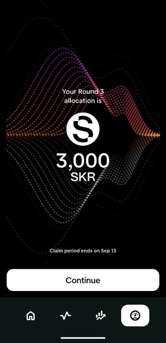 Mobile app screen showing 'Your Round 3 allocation is 3,000 SKR' with a Claim period ending Sep 13 and a Continue button.