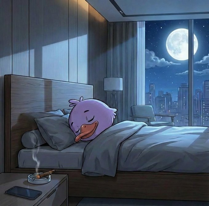 The image features a cartoon representation of a duck lying in bed, presumably sleeping as indicated by its slumbering position with one eye open. The bedroom setting includes a large window that offers a view of city lights below, giving the scene a nighttime ambiance. In front of the bed, there is an ashtray and two cell phones. The image seems to have been created for sharing or promoting the website "GN Web3!".