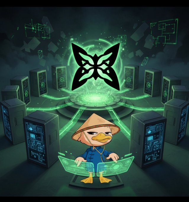 An illustrated duck character wearing a conical Asian hat stands at a futuristic glowing green terminal, surrounded by server towers and a large holographic butterfly emblem radiating energy.