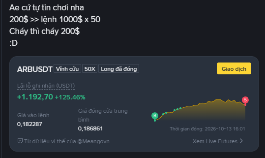 A Vietnamese trading post celebrating a successful ARB/USDT short position with a 125.46% profit (+1,192.70 USDT), noting the entry at 0.182287 and closing price around 0.186861.