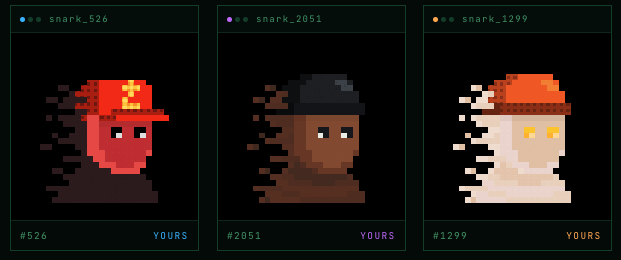 The image showcases three pixel-art NFT characters from the "snark_" collection (#526, #2051, #1299), labeled "YOURS" with distinct designs including a red figure in a cap, a dark figure with a beret, and a glowing orange-and-white hooded figure. The collection ties to the post's theme of surprise at the author minting NFTs using Zcash (ZEC), highlighting their unlikely entry into crypto art.