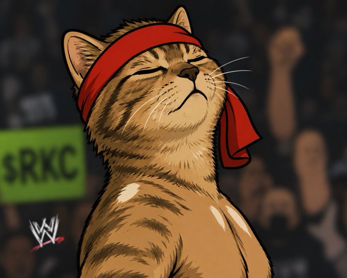 An illustrated tabby cat wearing a red headband, eyes closed in a confident pose, with the WWE logo visible and a blurred crowd in the background.
