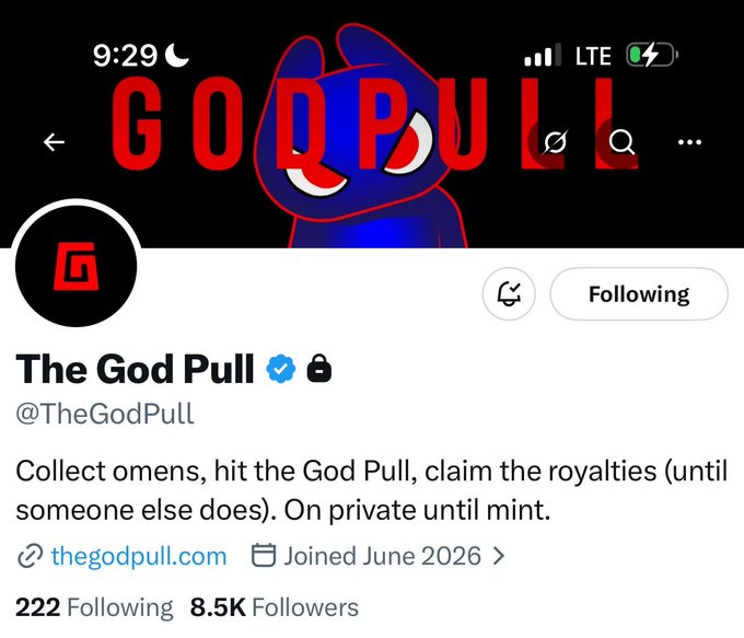 A screenshot of the Twitter/X profile for "The God Pull" (@TheGodPull), showing 8.5K followers, the bio reading "Collect omens, hit the God Pull, claim the royalties (until someone else does). On private until mint," and a banner/logo featuring a dark cartoon character with bold red "GOD PULL" lettering—aligning with the post's teaser of an ongoing collaboration with the hyped ETH NFT project.