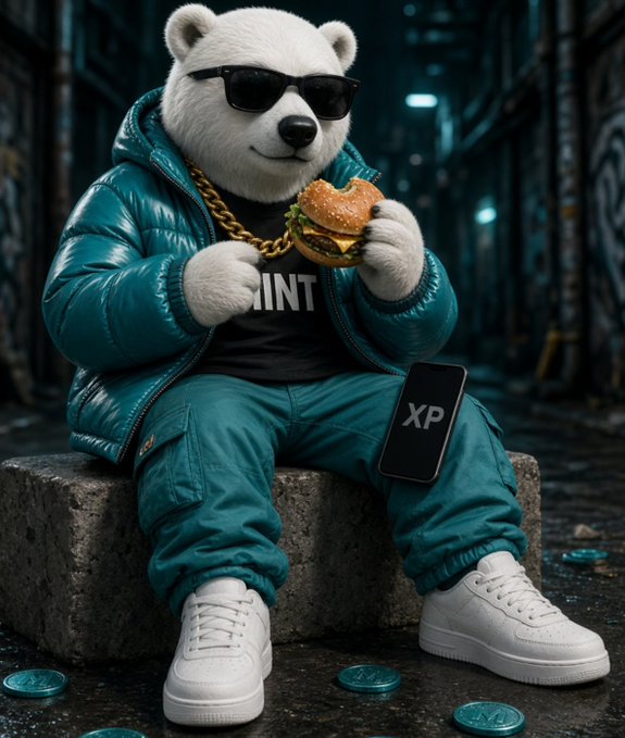 A white bear wearing sunglasses, a teal puffer jacket, and a gold chain sits on a concrete block eating a burger, with a 'MINT' shirt visible and a phone displaying 'XP' resting on its lap amidst scattered coins.