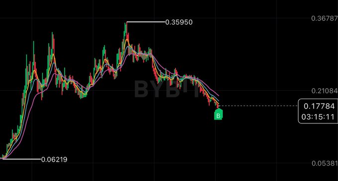 A candlestick chart shows the price history of $USELESS on Bybit, rising from a low of 0.06219 to a peak of 0.35950 before declining to 0.17784 at 03:15:11. The volatile price action with significant peak-to-trough swings reflects the high-leverage trading risks referenced in the post's "lemon/leverage" quip.