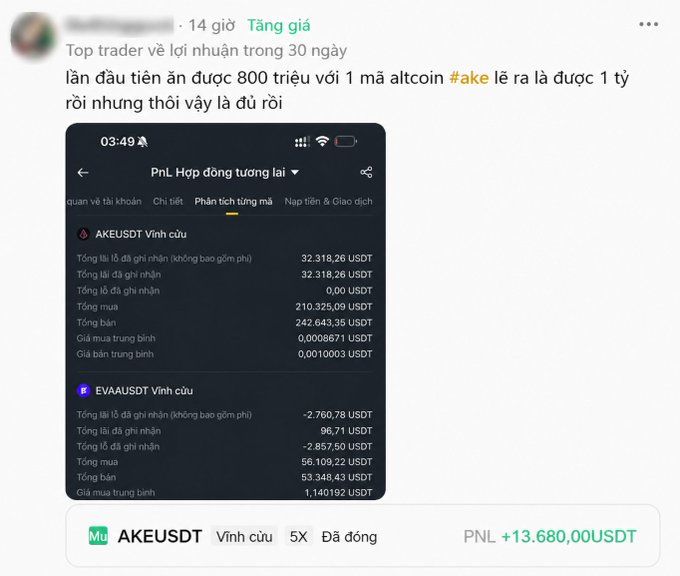 A Vietnamese social media post claiming trading profit in 30 days, showing a trading interface with AKEUSDT and EVAAUSDT perpetual contracts and a PNL of +13,680.00 USDT.