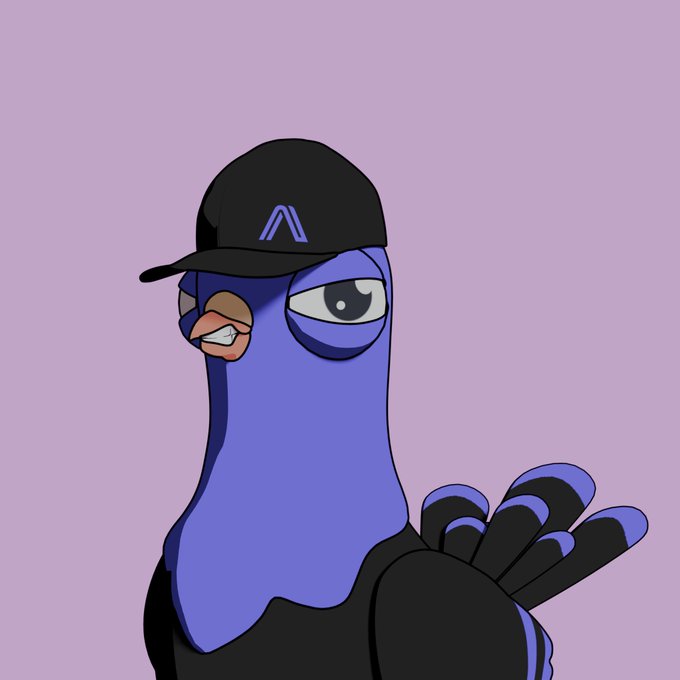 A digital illustration of a purple pigeon wearing a black cap with an 'A' logo and a black outfit, set against a light pink background.