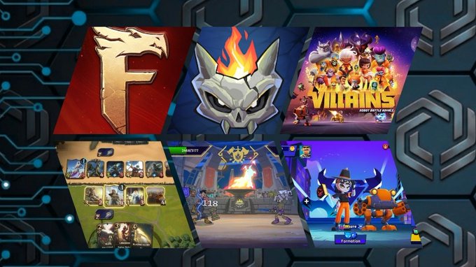 The image features a collage of six different video game screenshots arranged vertically against a blue background with geometric shapes. The top row shows a red "F" logo, while the bottom row displays various game scenes or characters from different games. The images are accompanied by text that provides information about the games and their gameplay elements.