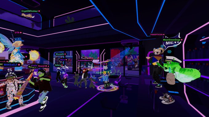 A vibrant screenshot from a Roblox-style virtual environment featuring cartoon avatars with usernames like 'CryptOMinotaur', 'MeatGreenDoge', and 'PANOPTOON' visible above their heads.