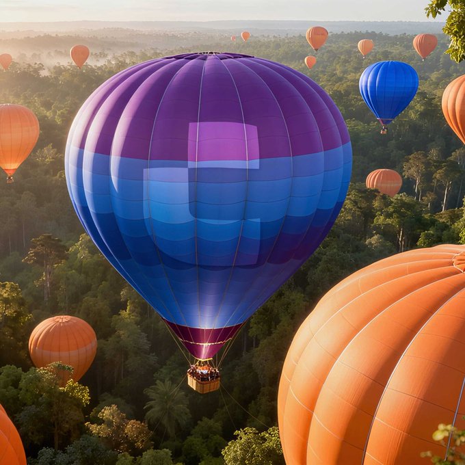 A vibrant purple and blue hot air balloon soars above a misty forest canopy alongside several orange balloons at sunrise. The image captures the "GM" post's upbeat greeting with a sense of adventure and a fresh start to the day.