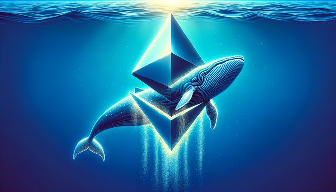 A majestic blue whale swims gracefully beneath the ocean surface, entwined with the Ethereum logo, symbolizing a major ETH accumulation. The imagery captures the essence of an "Ethereum ICO whale" making a significant purchase of 8,492 ETH, highlighting the scale and impact of the transaction.