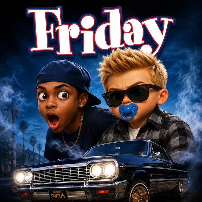 The image features a stylized movie poster parody titled "Friday" with two characters—one in a blue cap with a shocked expression and another with spiky hair, sunglasses, and a pacifier—alongside a classic lowrider car with a license plate reading "SMOKIN." This playful homage to the iconic 1995 film "Friday" ties into the post's celebration of Fridays as a powerful, unstoppable day for the $SONG family building on Cardano, capturing the same fearless energy and hype referenced in the caption.
