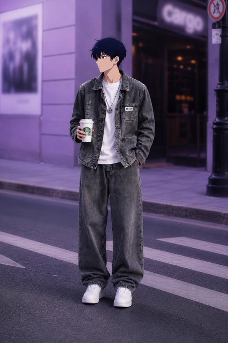 An anime-style illustration of a young man with messy black hair wearing a dark denim jacket, white t-shirt, baggy dark jeans, and white sneakers, holding a white coffee cup while standing on a crosswalk in a purple-toned city street.