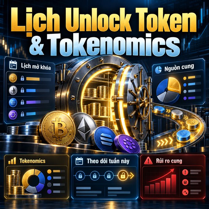 A Vietnamese-language promotional graphic titled 'Lịch Unlock Token & Tokenomics' featuring cryptocurrency coins, charts, and a vault symbol with sections for token schedule, supply source, and risk warnings.