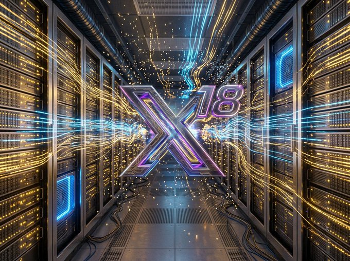 A server room corridor filled with glowing data streams and racks of hardware, centered around a large holographic "X18" logo — visually echoing the post's theme of surging demand, with the X18 branding and electric energy symbolizing the high-traffic overload the community has generated.