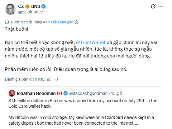 CZ (Changpeng Zhao) of Binance posts in Vietnamese warning users about a flaw in Trust Wallet that caused $12 billion in fake token swaps, quoting a tweet by Jonathan Goodman about losing $1.6 million in Bitcoin from his supposedly secure ColdCard hardware wallet in a July 29th hack.
