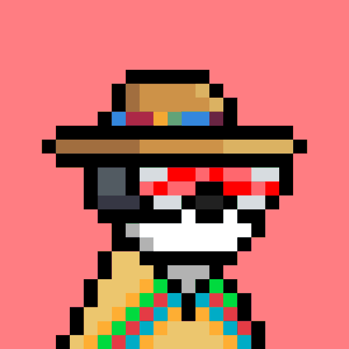A pixel art portrait of a dog wearing a colorful sombrero with a rainbow band and a striped poncho, set against a pink background, representing Doginal Dog #1970 from the @doginaldogs collection, listed for sale at 50,000 DOGE.