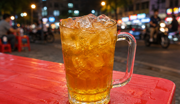 A frosted mug of iced tea sits on a red plastic sidewalk table, glowing amber against the blur of a bustling night street scene with motorbikes and neon lights. The image perfectly captures the post's mood—a quiet, grounded moment of simple pleasures amid the chaos of crypto markets and city life.
