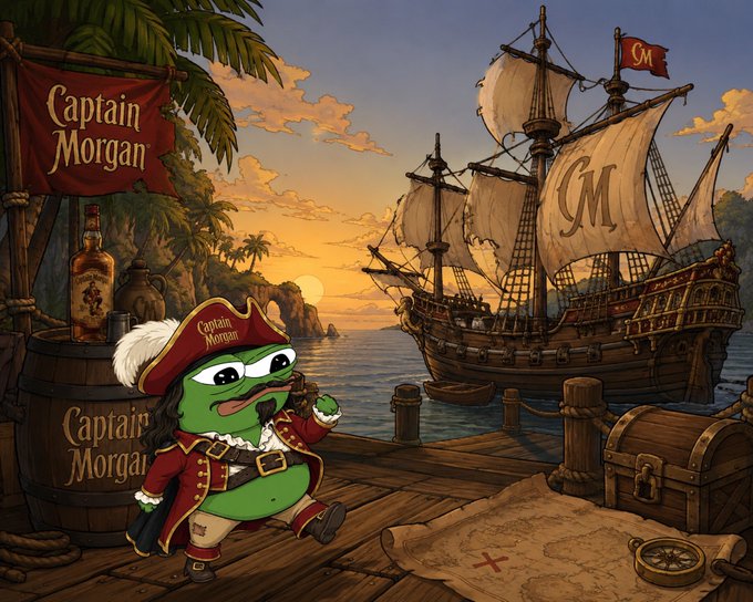 An illustrated Captain Morgan-themed scene featuring a Pepe the Frog character dressed as Captain Morgan on a pirate dock, with a tall ship, rum barrels, and treasure map in the background.