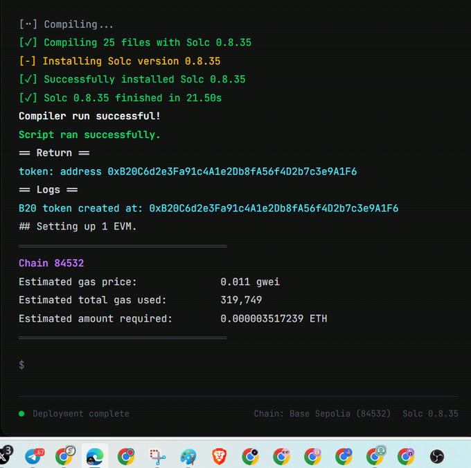 !"The message says 'Just deployed my first B20 token on @Base!".