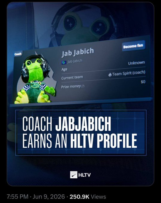 A graphic announcing 'COACH JABJABICH EARNS AN HLTV PROFILE', showing a HLTV profile card for 'Jab Jabich' as a coach for Team Spirit with $0 prize money, dated June 9, 2026.