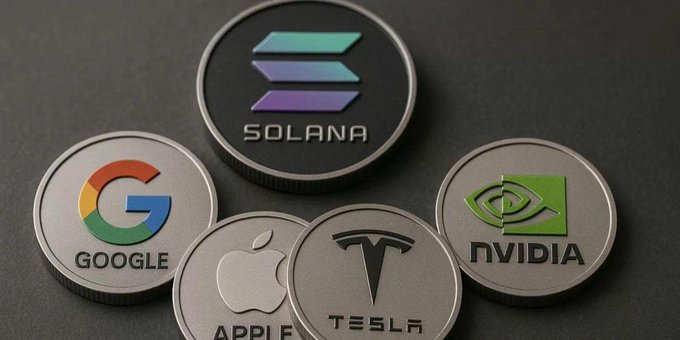A collection of physical tokens representing Solana, Google, Apple, Tesla, and Nvidia, illustrating the concept of tokenized stocks as the market experiences rapid growth, with 1.31 million holders and $23.13 billion in trading volume.