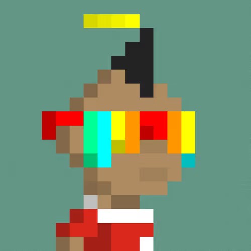 A pixel art style illustration shows a person in profile wearing sunglasses with red, yellow, and cyan lenses, topped with a small yellow and black hat, against a solid teal background.